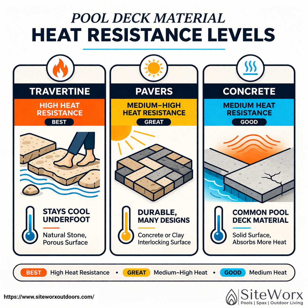 user-inserted Infographic comparing pool deck materials: Travertine offers high heat resistance, Pavers have medium-high resistance, and Concrete provides medium resistance.