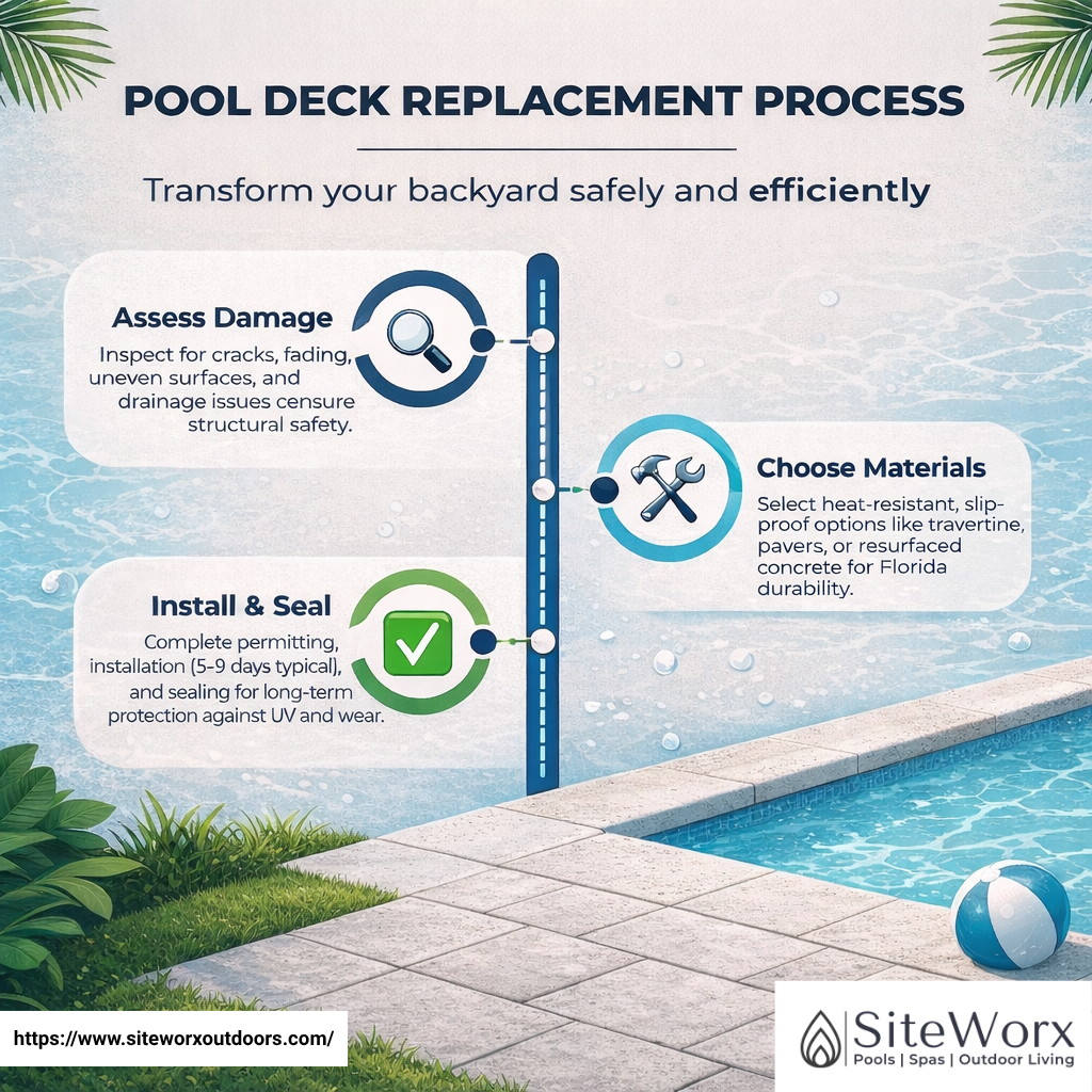 user-inserted Alt text: Infographic titled "Pool Deck Replacement Process" with three steps: Assess Damage, Choose Materials, and Install & Seal. Background features poolside imagery with tropical leaves. Calm and informative tone.