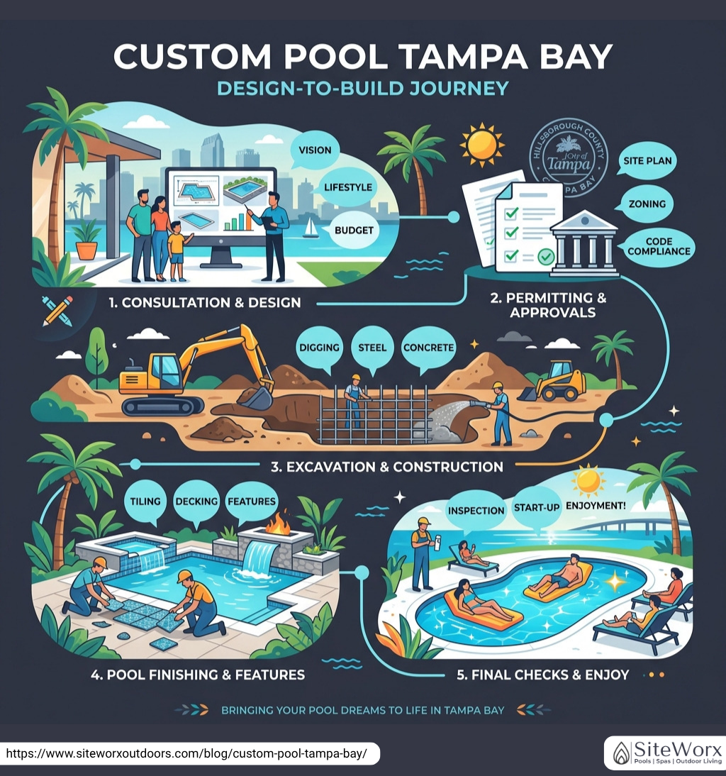 Custom-designed pool in Tampa Bay, featuring a unique shape and vibrant landscaping under a clear blue sky.