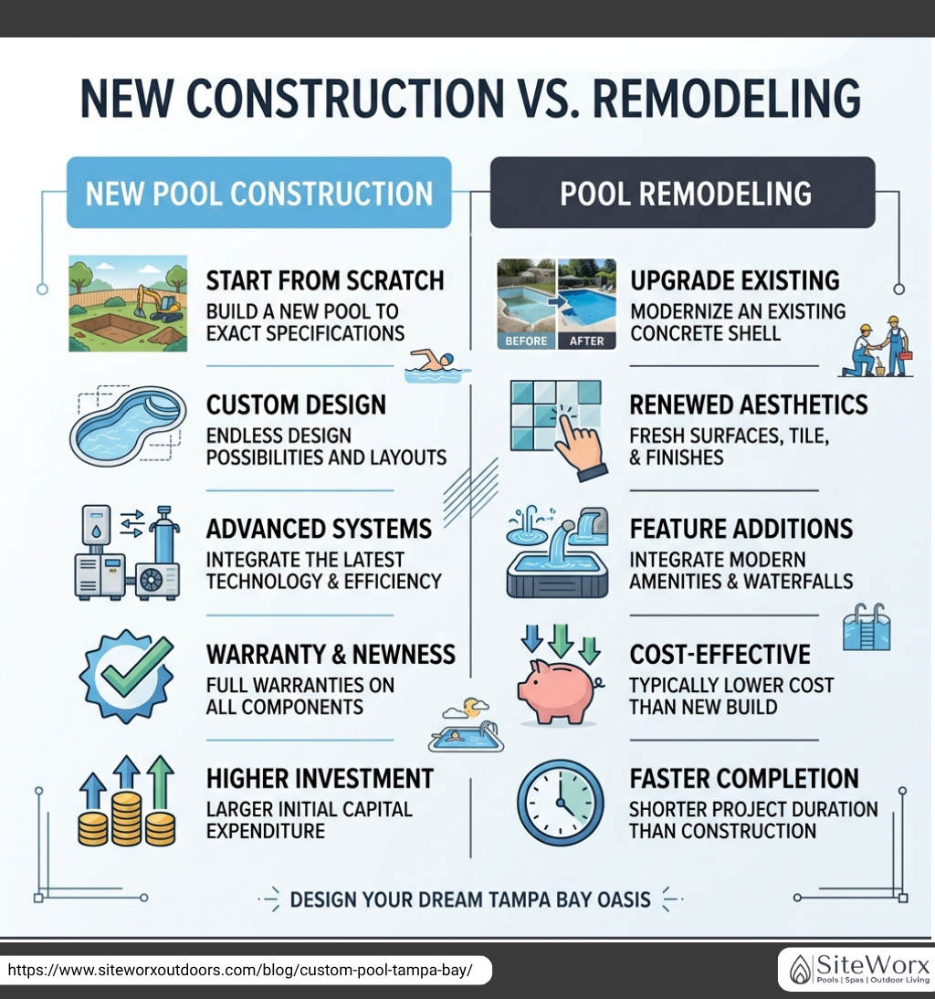 Infographic comparing new construction and remodeling, highlighting key differences and benefits of each option.