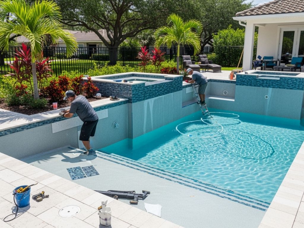 Two workers installing tiles in a pool during the construction phase, with one working on the pool's edge and the other on a ladder, surrounded by clear blue water and a well-maintained outdoor setting.