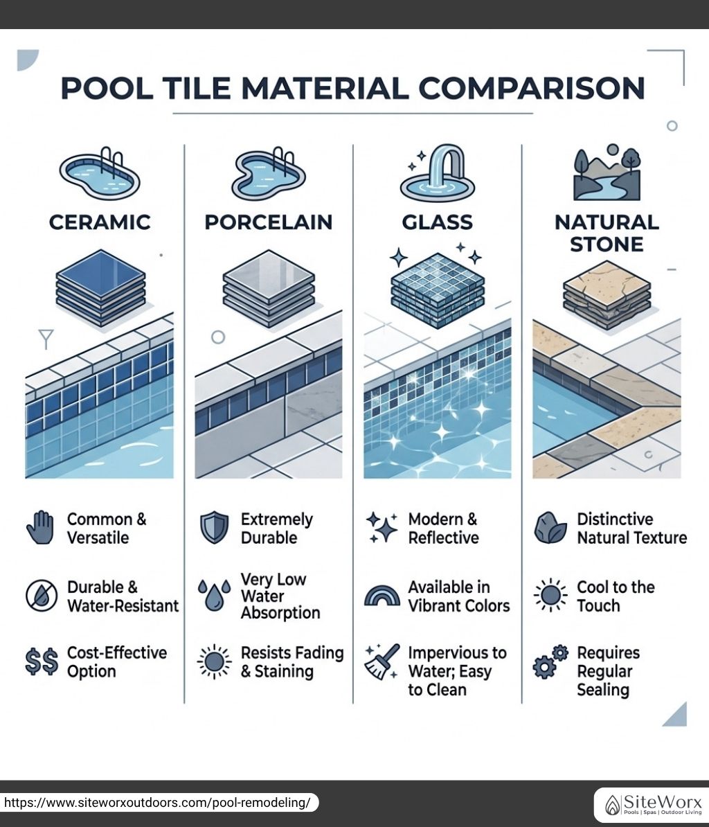 Infographic comparing pool tile materials (Ceramic, Porcelain, Glass, and Natural Stone), highlighting their unique features such as durability, water-resistance, aesthetic qualities, and maintenance needs. Includes details on cost-effectiveness, water absorption, vibrant colors, and the need for regular sealing.