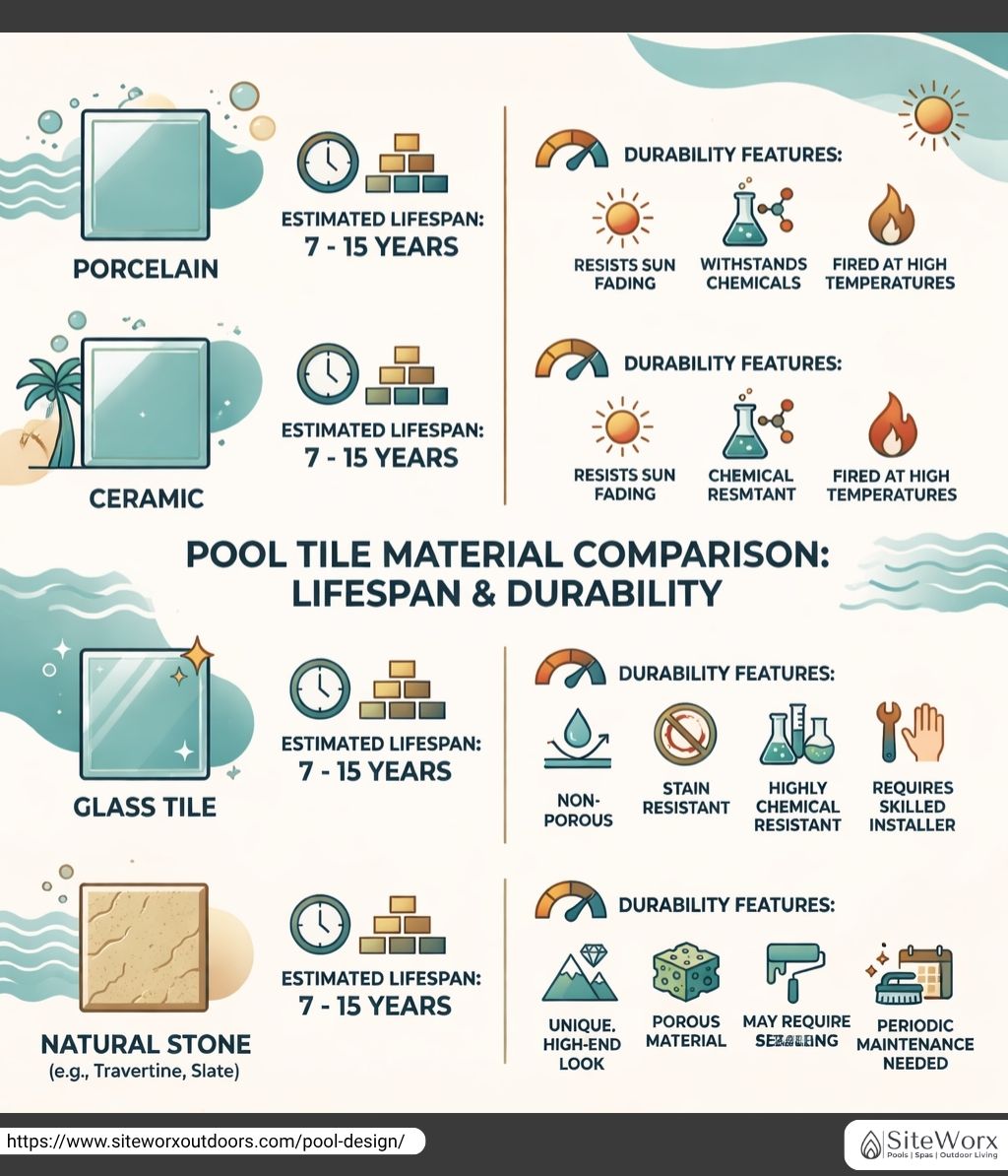 Infographic comparing different pool tile materials (Porcelain, Ceramic, Glass Tile, and Natural Stone), detailing their estimated lifespan (7-15 years) and durability features, such as resistance to sun fading, chemicals, and the need for skilled installation or periodic maintenance.