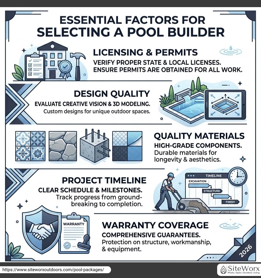 Infographic highlighting the essential factors for selecting a pool builder, including licensing & permits, design quality, materials, project timeline, and warranty coverage. The image illustrates these factors with icons