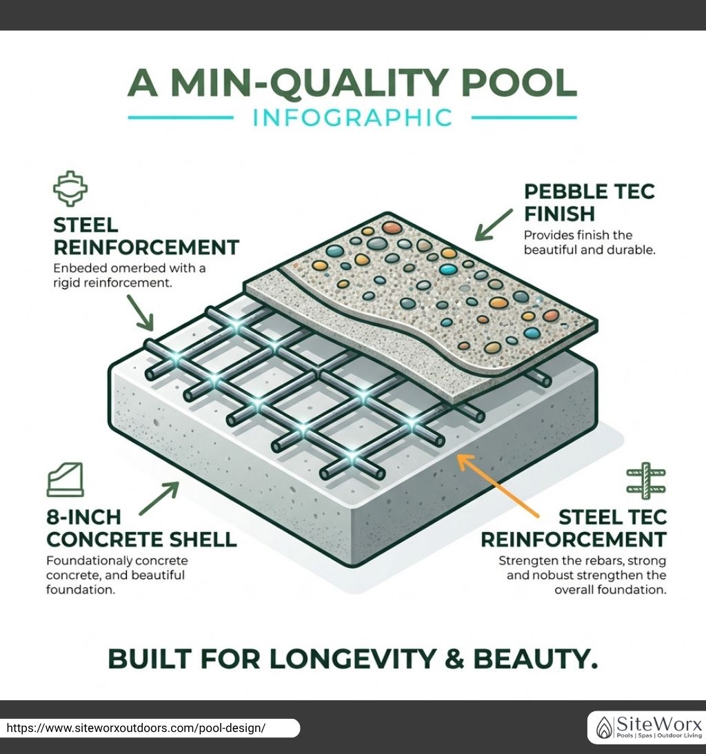 Infographic showcasing the key components of a high-quality pool design, including steel reinforcement, 8-inch concrete shell, and Pebble Tec finish. The image highlights the durability and beauty of each layer in pool construction.