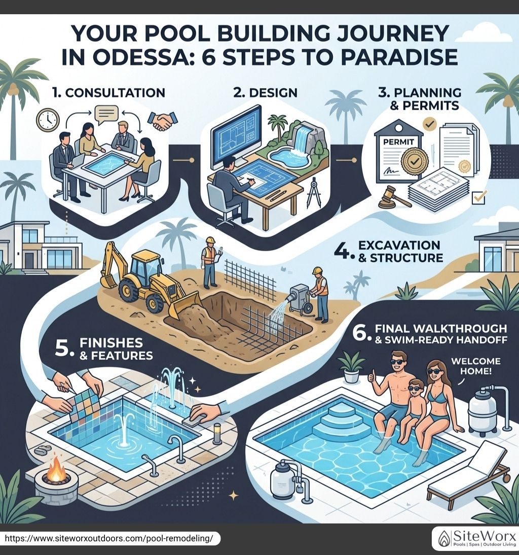 An infographic illustrating the 6 steps in the pool building journey in Odessa by SiteWorx Pools, from consultation and design to the final swim-ready handoff. The steps are visualized with clear icons and imagery, emphasizing the journey to a dream pool.