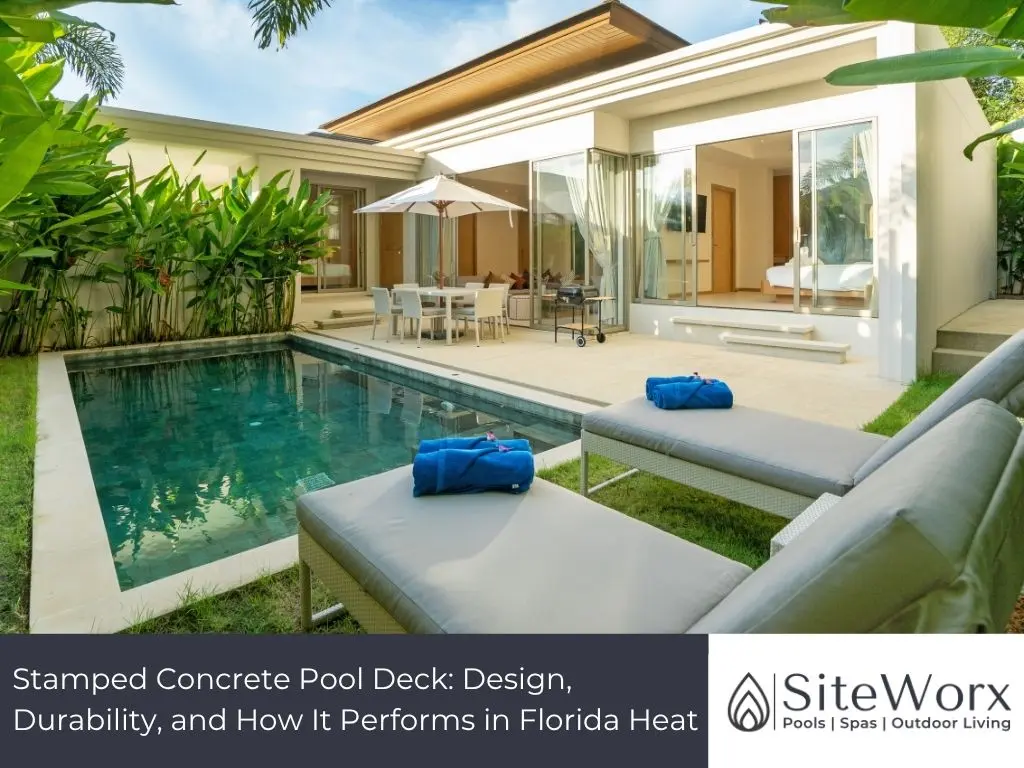 Stamped concrete deck showcasing a textured design, demonstrating durability under Florida's intense heat.